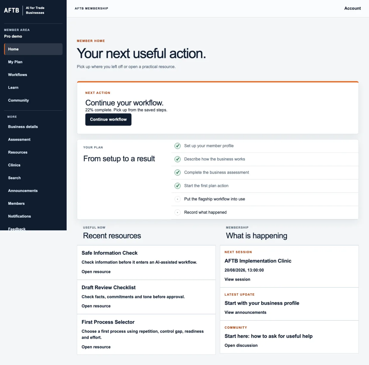 AFTB member home showing a current workflow, plan progress and practical resources