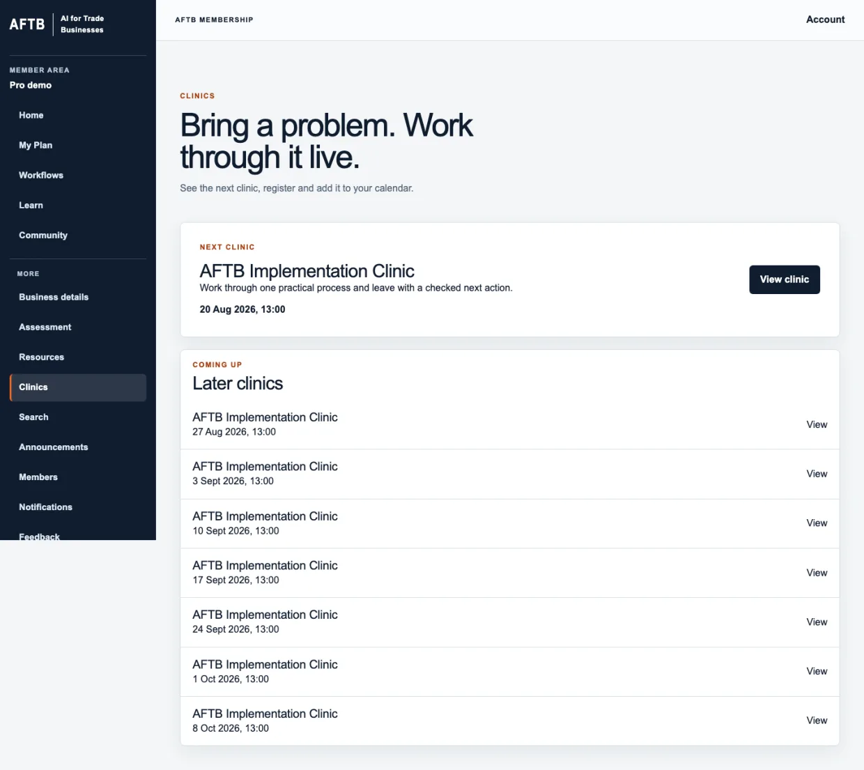 AFTB Live page showing the next weekly session and later dates
