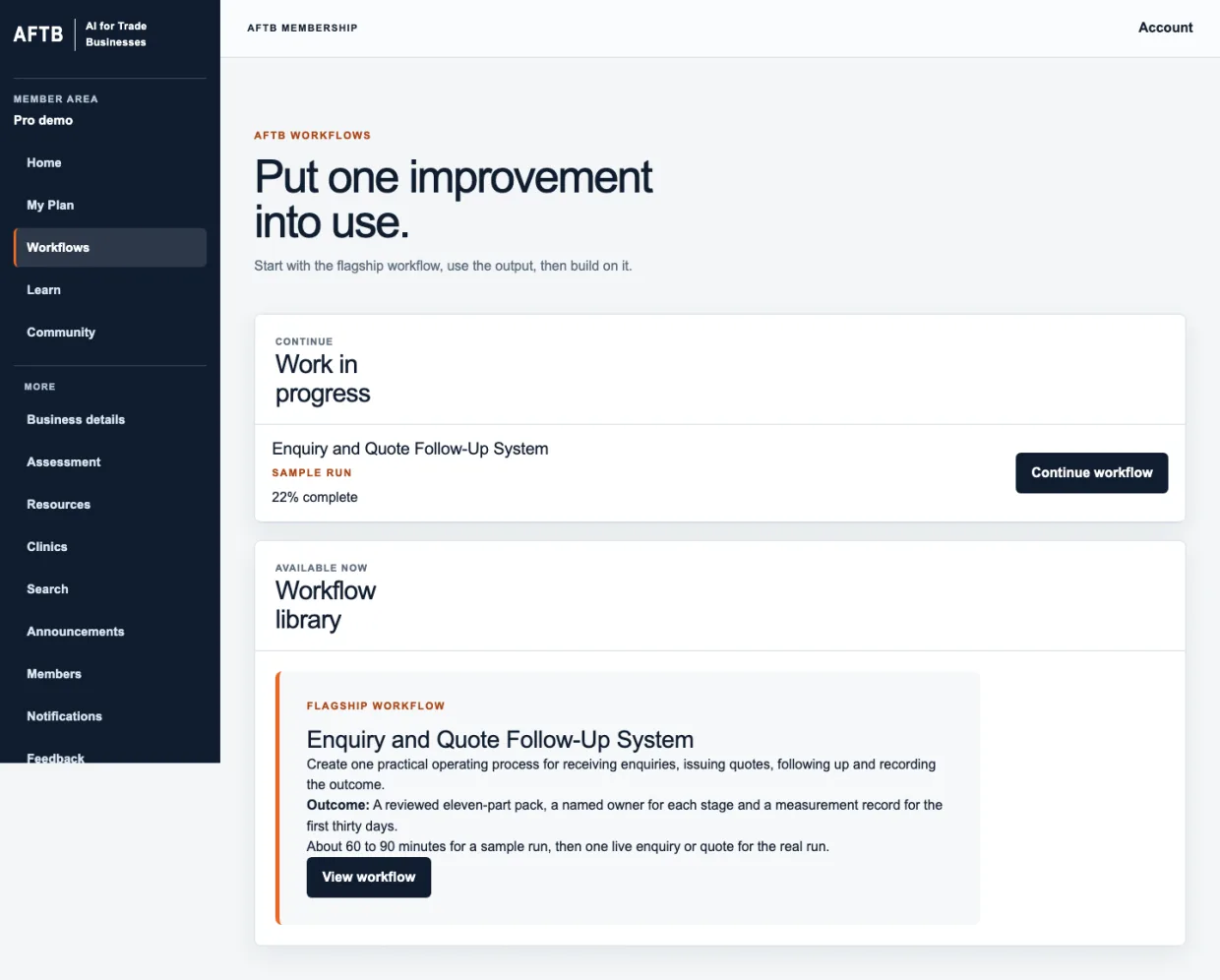 AFTB workflow library showing an active enquiry and quote follow-up workflow